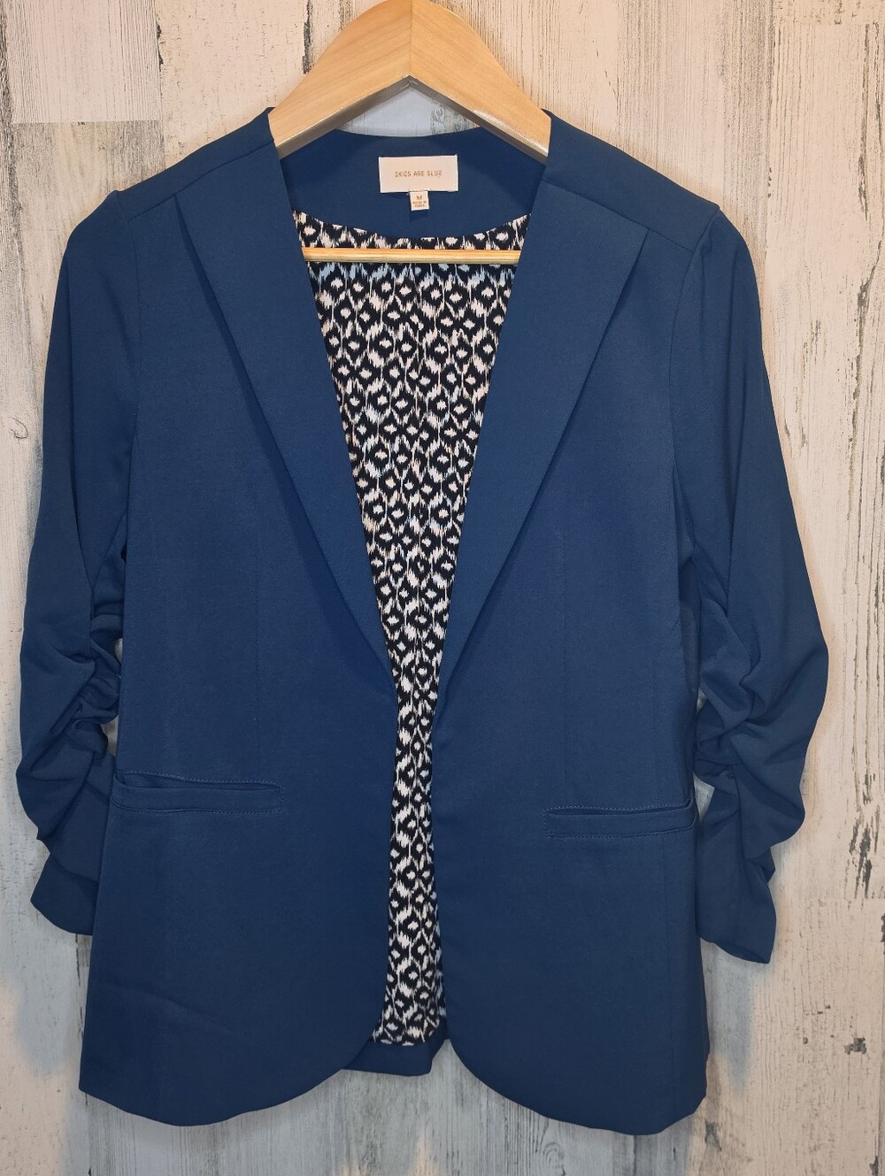 Skies Are Blue Women’s M Teal Blue Blazer Ruched Sleeves Open Front Career